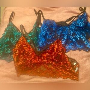 Lace Bralette Set - Blue, Green, & Red Floral Embroidered Lace, Size 3XL